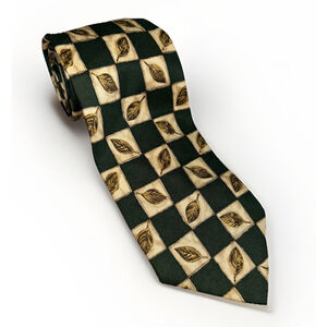 Lands End Silk Tie Green And Cream Check Pattern With Leaves
